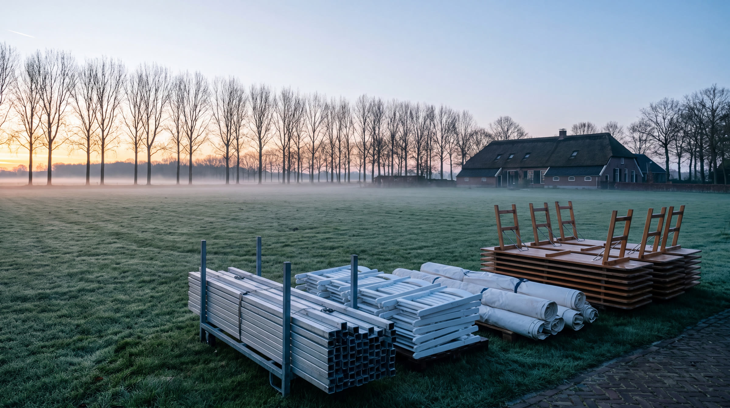 Leeg grasveld bij dageraad met het materieel klaar aan de rand