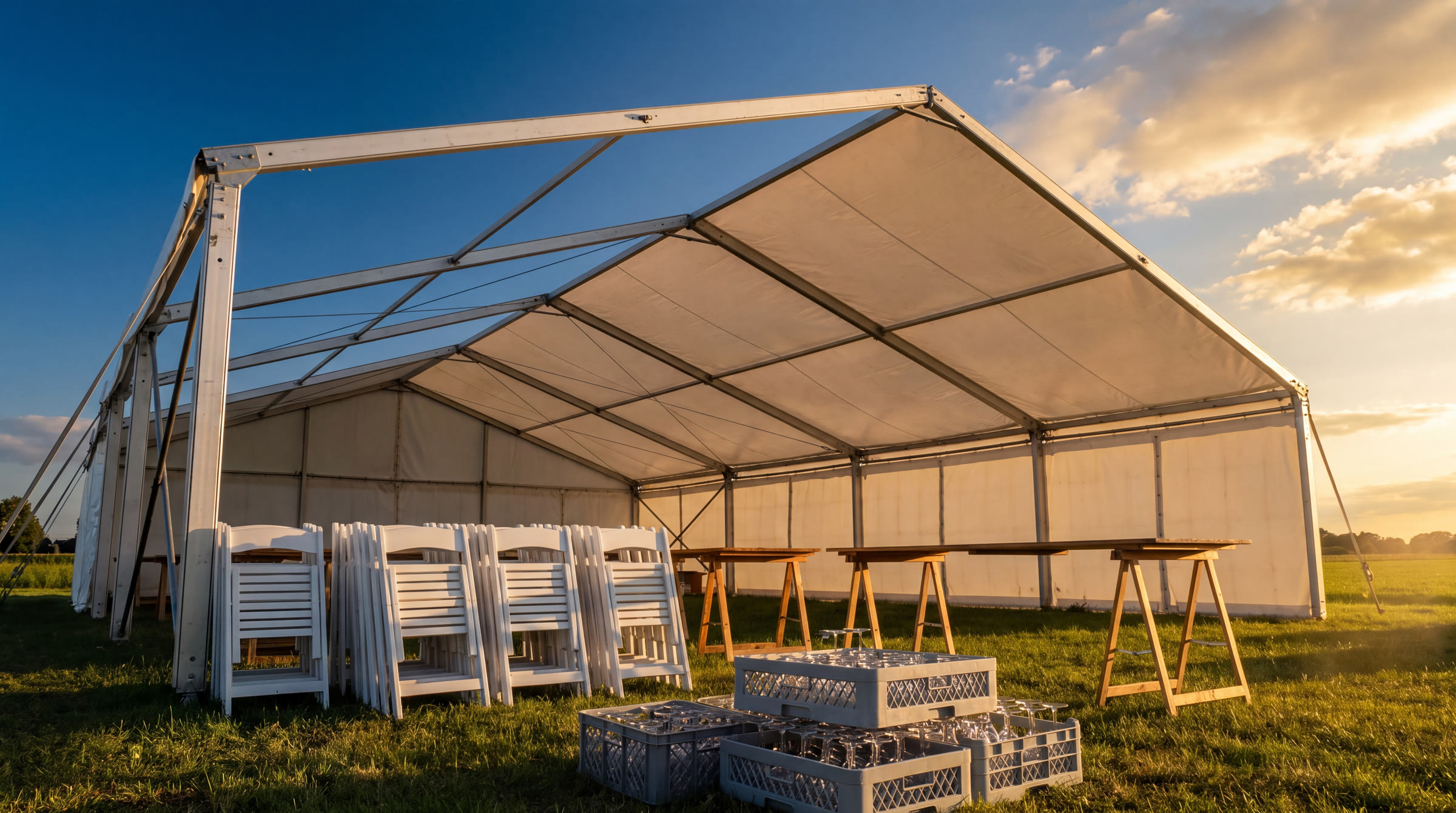 Halfopgebouwde tent in het late middaglicht met stoelen en kratten glaswerk