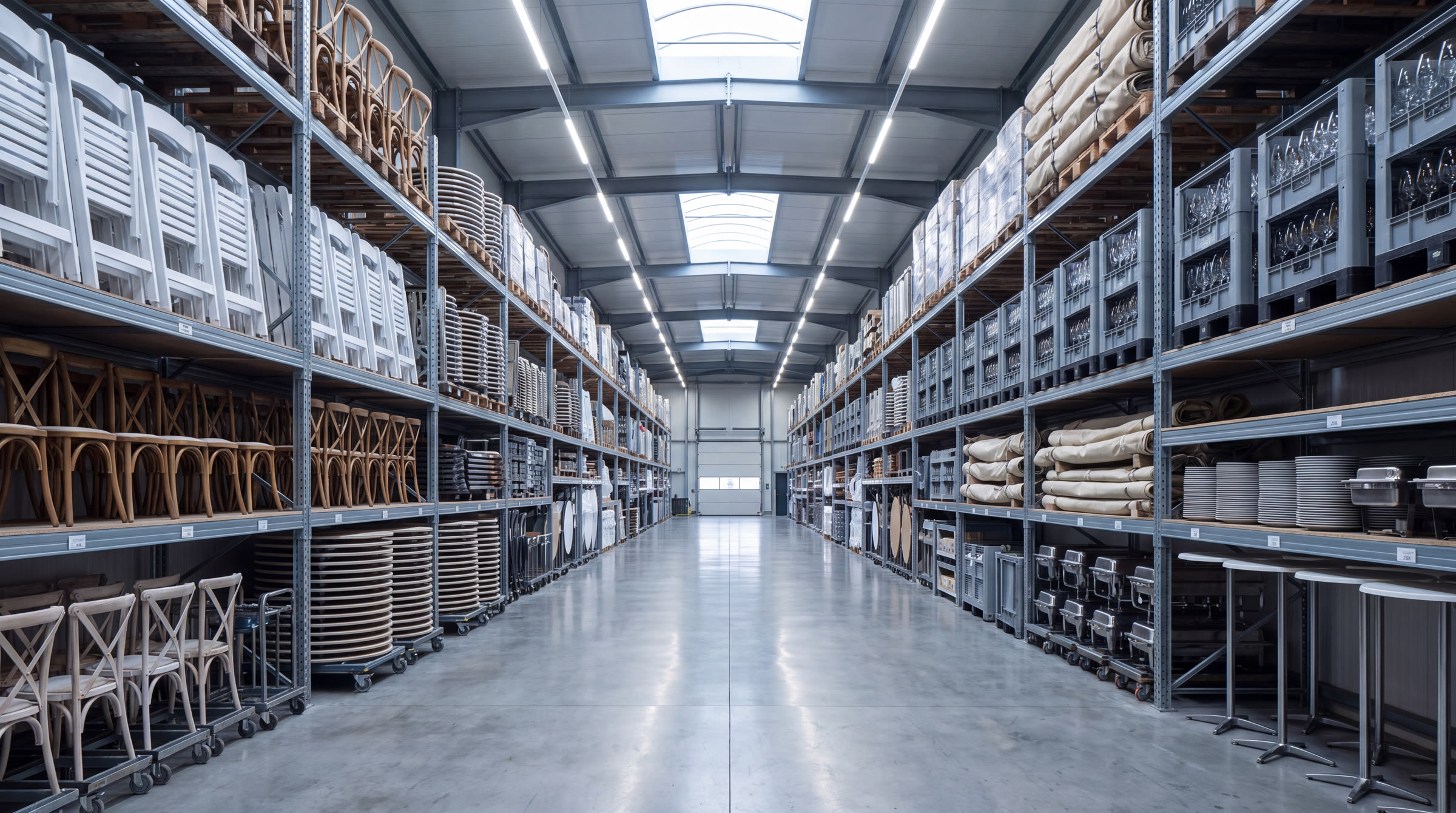 Magazijngang met rijen stoelen, tafels, servies en glaswerk in stellingen