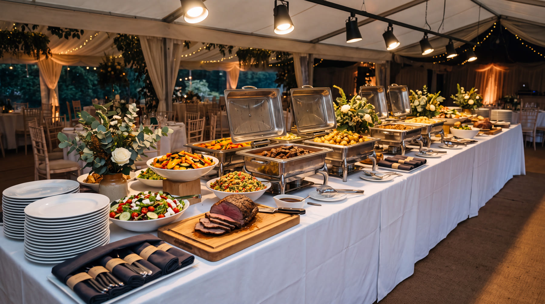Buffettafel met warme gerechten, salades en stapels borden