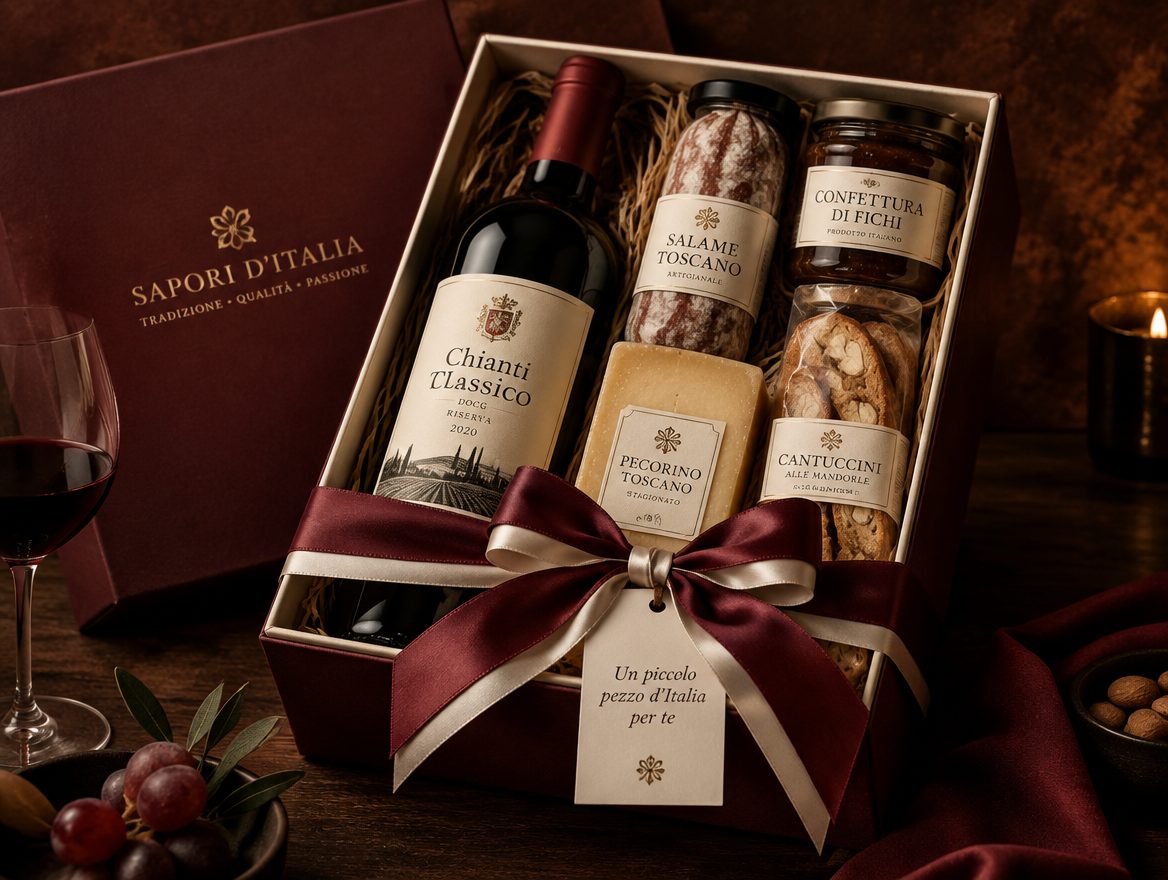 Cadeaupakket met fles wijn en delicatessen