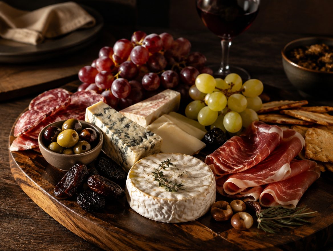 Borrelplank met kazen, charcuterie, olijven en druiven