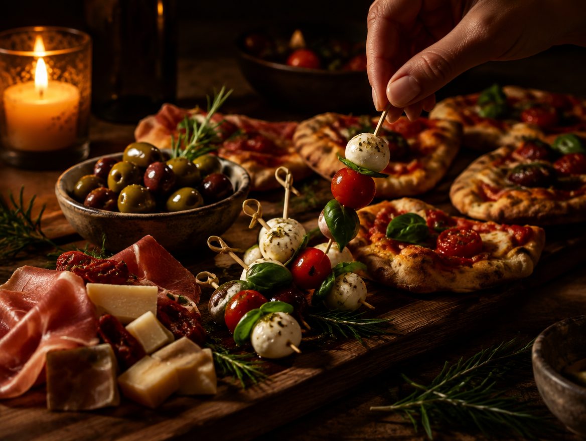 Italiaanse borrelhapjes: crostini, arancini en olijven bij een glas wijn