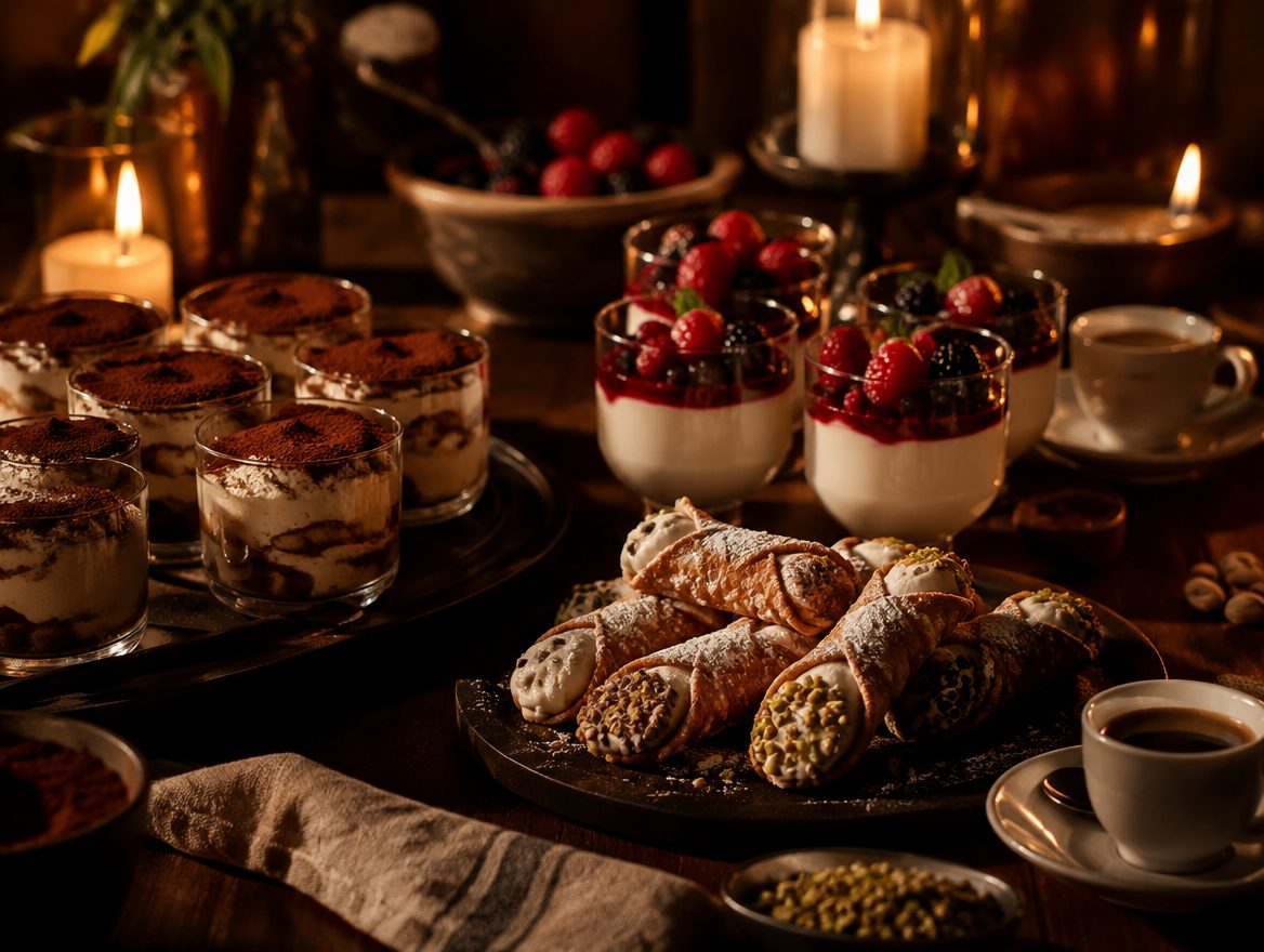 Italiaanse desserts: tiramisu, panna cotta en cannoli op een gedekte tafel