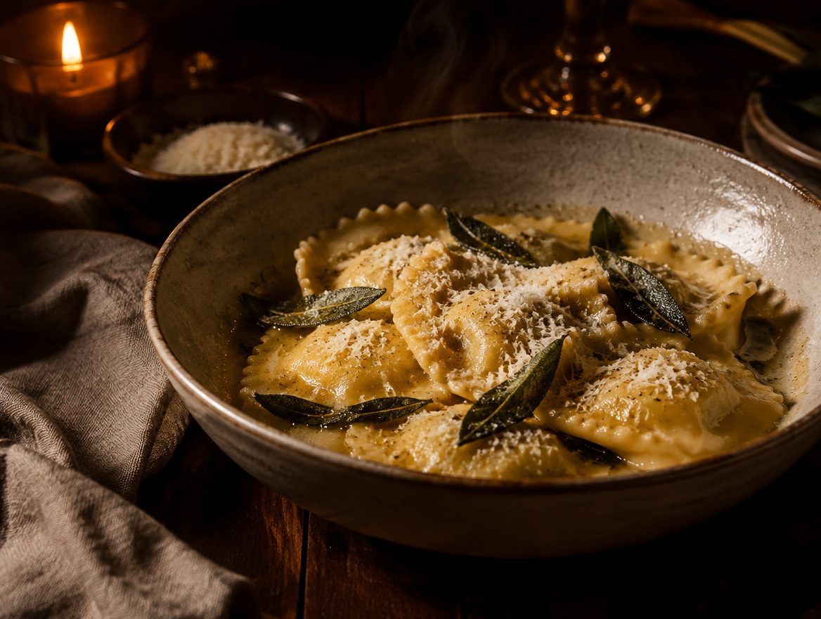 Verse ravioli met salie en geraspte kaas in een aardewerk schaal