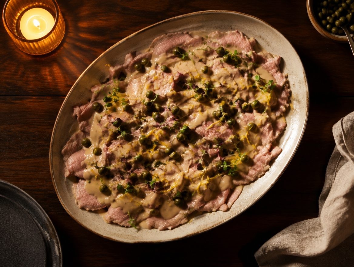 Vitello tonnato, dun gesneden kalfsvlees met tonijnsaus en kappertjes