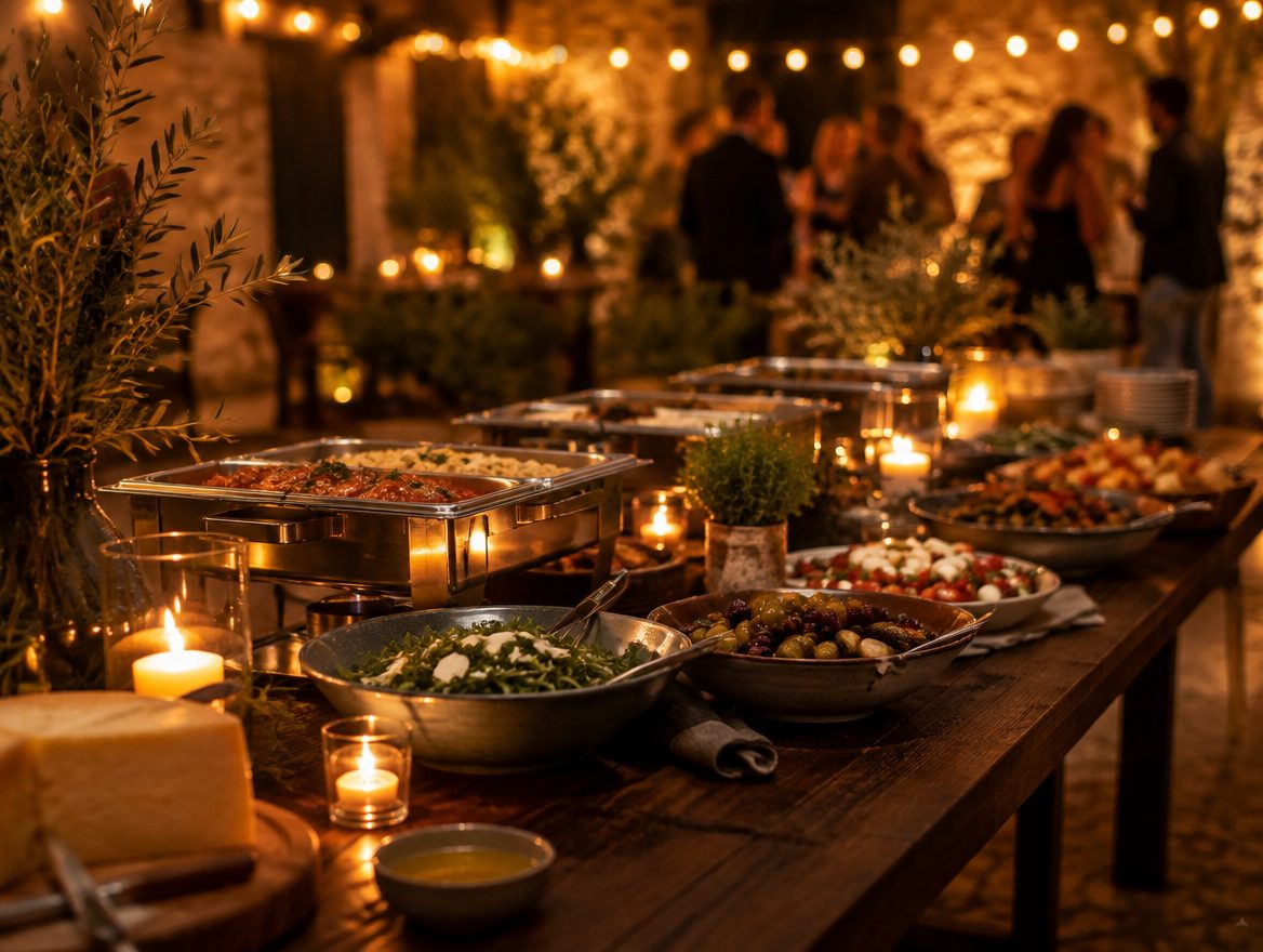 Feestelijke tafel op locatie met gasten die aanzitten bij een Italiaans buffet