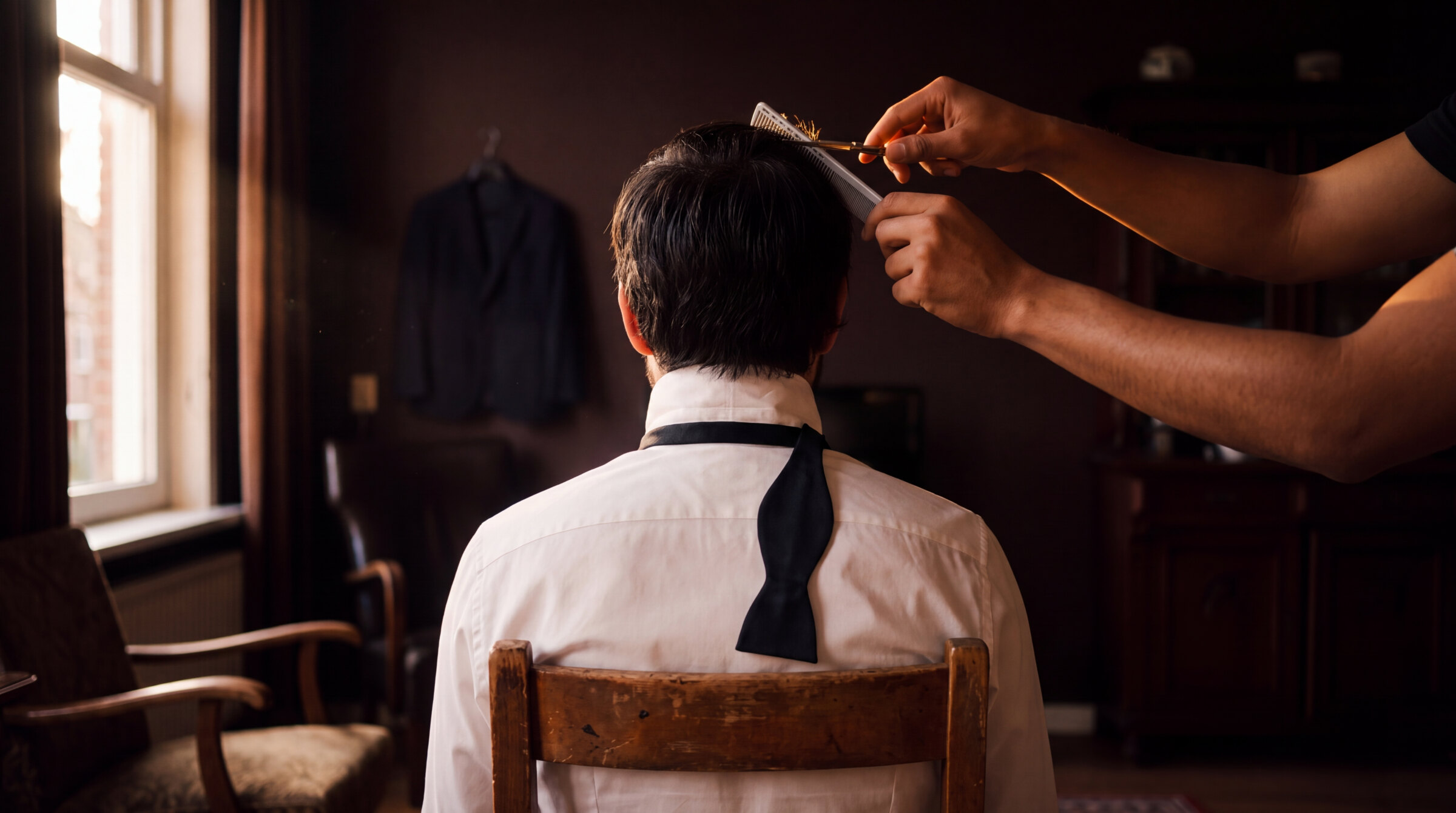 Bruidegom wordt op de trouwochtend gestyled