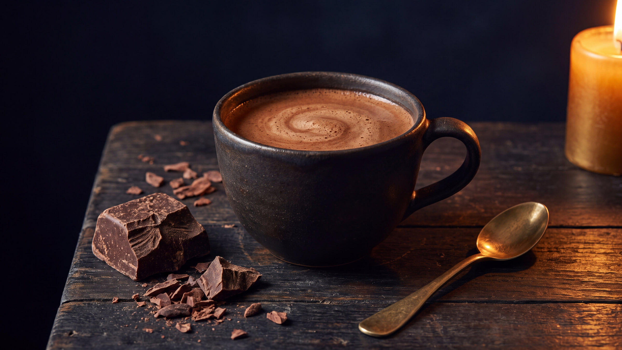 Een kop ceremoniële cacao bij kaarslicht