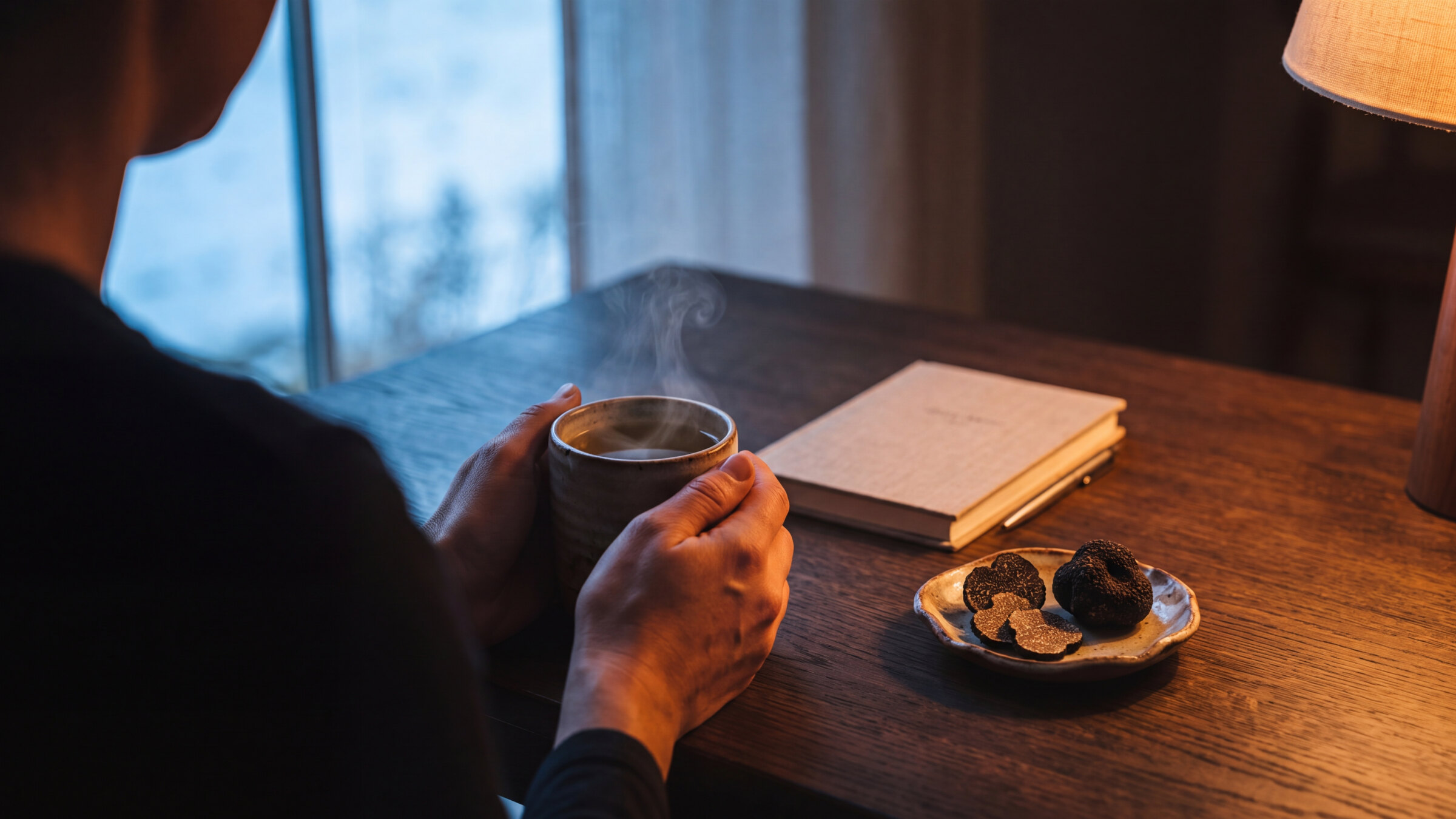 Ochtendritueel: thee, notitieboek en truffels bij het raam