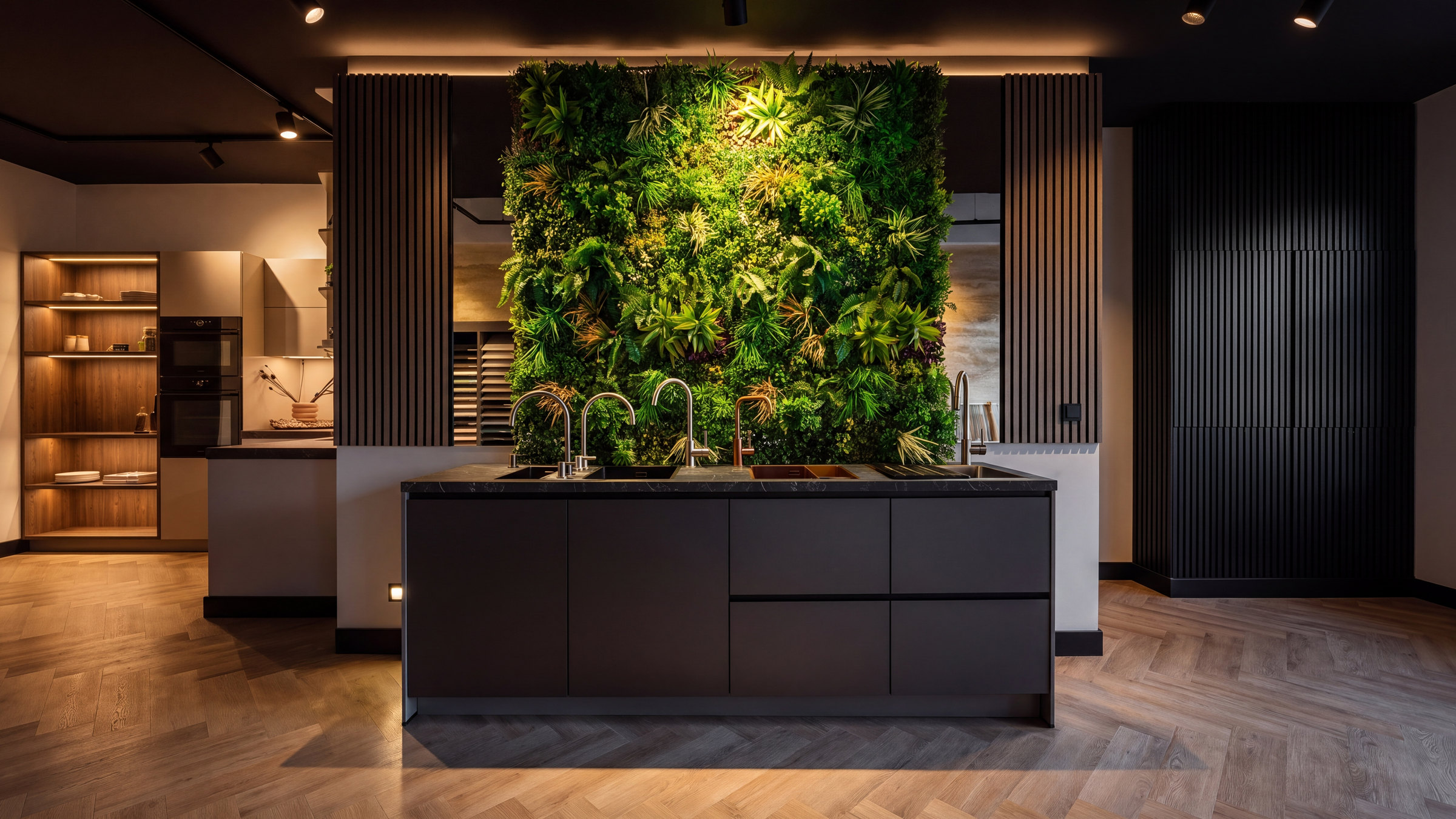 Showroom van Planet Keuken met antraciet eiland en groene plantenwand