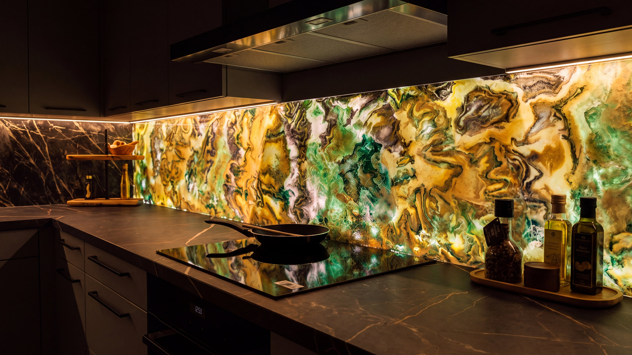 Verlichte groene onyx achterwand met inductiekookplaat in de showroom