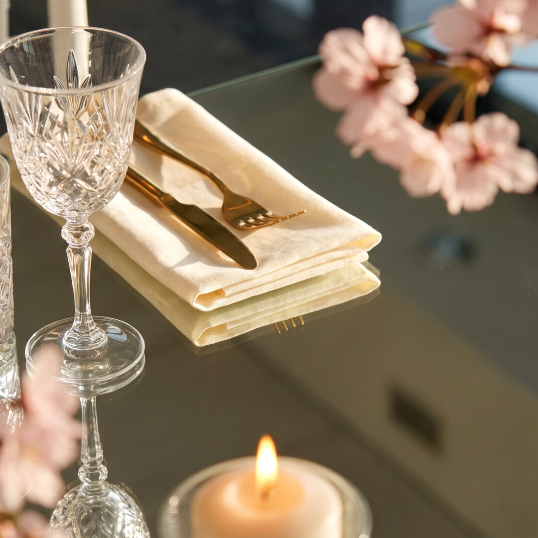 Gedekte tafel met kristal en kaarslicht
